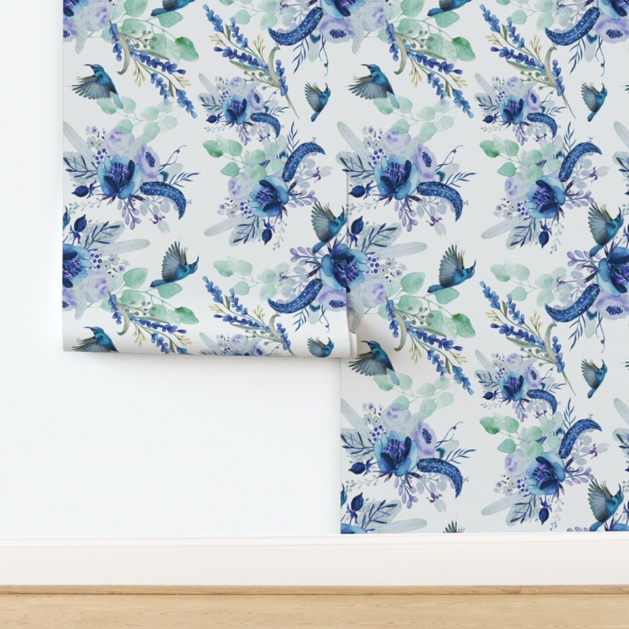 Watercolor Birds Blue Green Purple Floral Hummingbird Botanical Custom Removable Wallpaper by Spoonflower Peel & Stick Wallpaper 2FT Wide